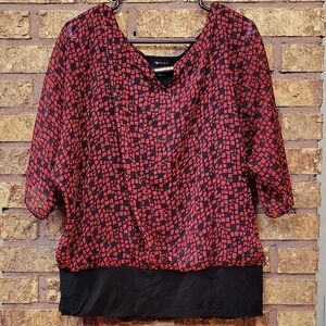 AB Studio Red and Black Boxy 3/4 Sleeve Blouse SIZE XL